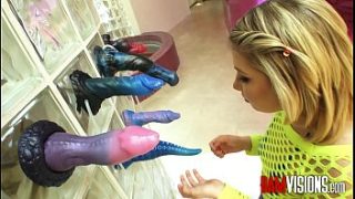 Blonde slut plays with crazy dildos and gets her assfucked